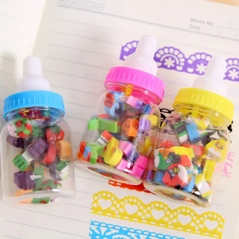 

28pcs/lot Kawaii Cartoon Fruit Banana Strawberry Mushroom Bottle Eraser Fantastic Animal Bird Number Rubber For Kid Office