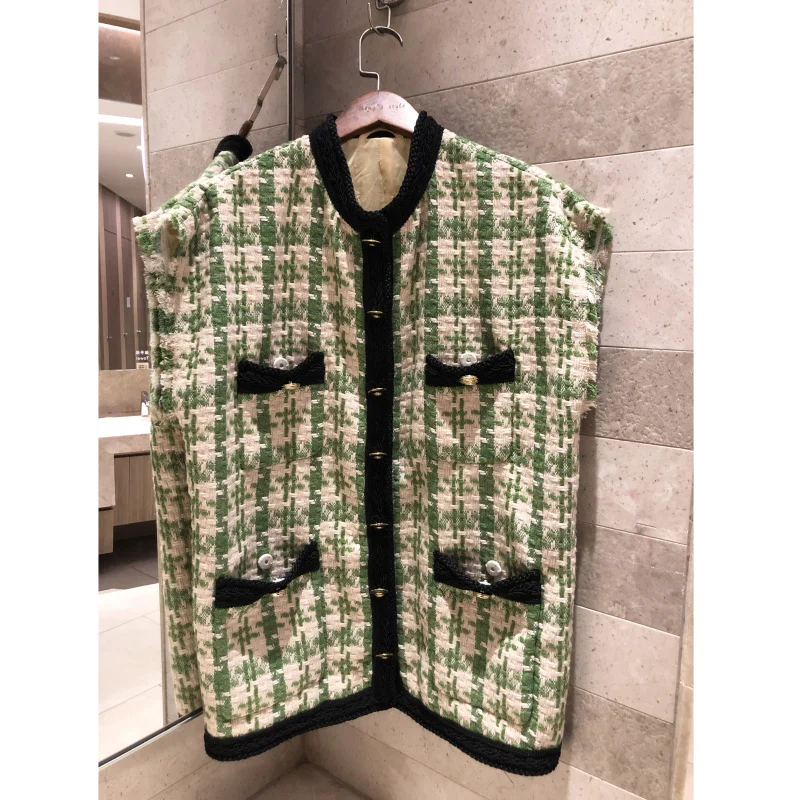 

Women's vest fashion vest vest 2019 retro vest Tweed weaving sleeveless ladies pocket jacket