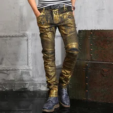 2015 New Luxury Fashion Men Exclusive High-end Gold Coating Skinny Jeans for Men Military Pantalones Hombre
