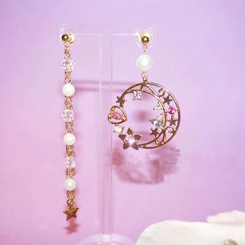 

2019 New Korean Star Moon Rhinestone Asymmetric Metal Long Tassel Drop Earrings Sweety Earings Jewelry For Women Pendientes Gift
