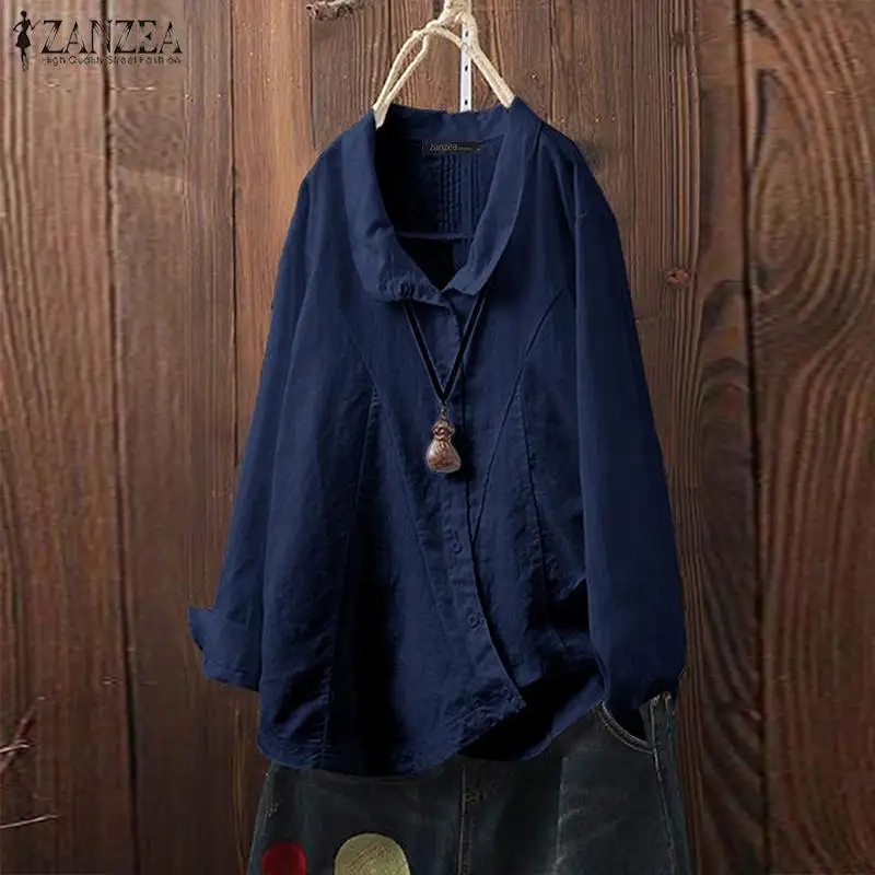  Autumn Vintage Linen Blouse ZANZEA Women Lapel Neck Long Sleeve Tops Femme Robe Buttons Solid Shirt