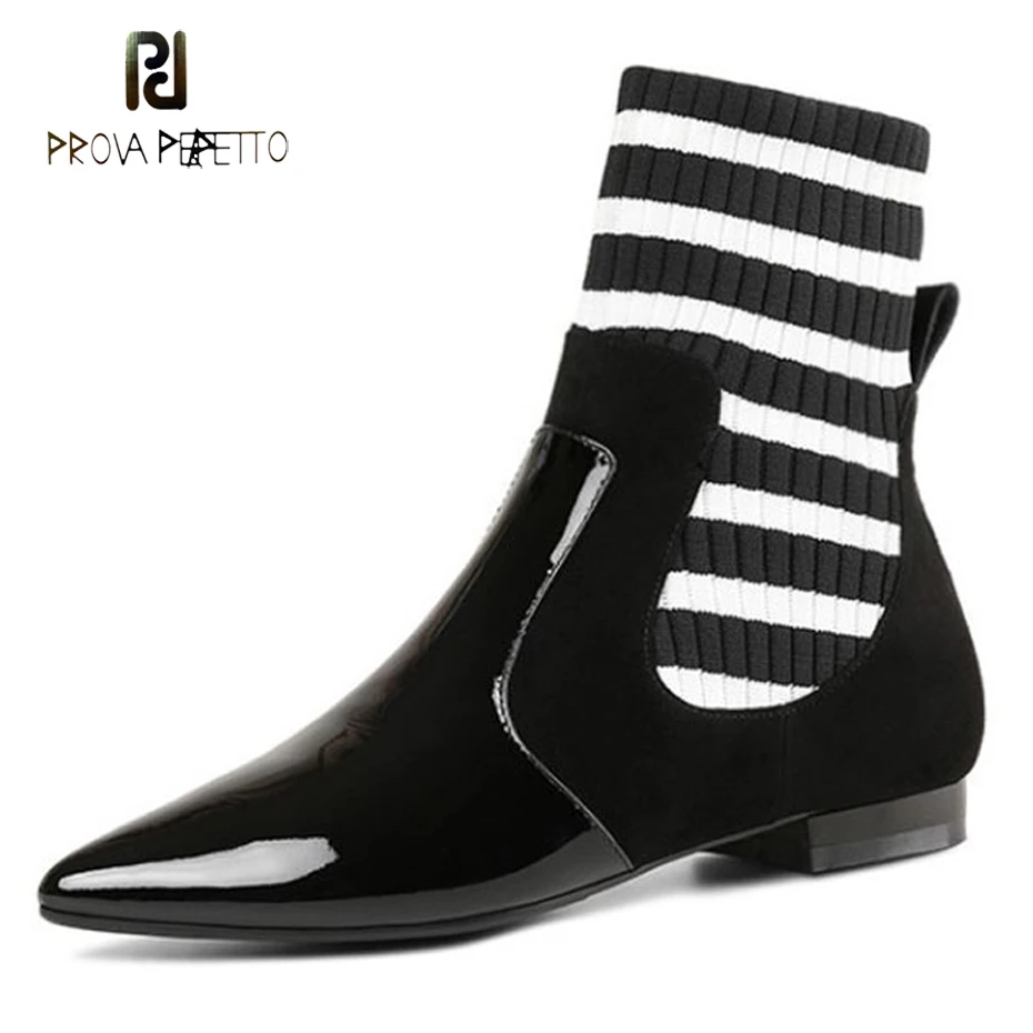 

Prova Perfetto fashion black mix white stripe knit sock boots pointed toe low heel genuine leather patchwork short boots females