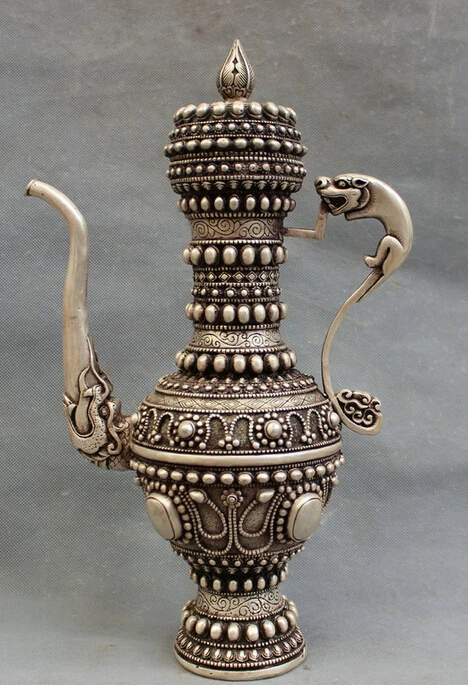 

USPS to USA S1474 14" Chinese Silver Auspicious Dragon Head Statue Buddhism Style Wine Pot Teapot B0401