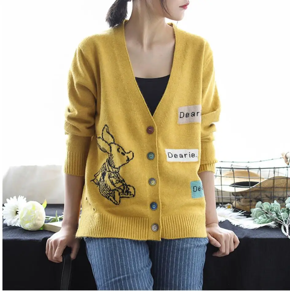 

Sweet bunny letter cartoon Core yarn v-neck colorful buttons cardigan sweater