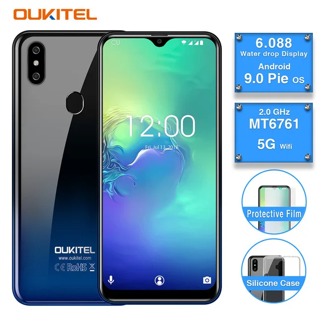 OUKITEL C15 Pro, экран капли воды, 2 ГБ, 16 ГБ, Android 9,0, мобильный телефон MT6761, отпечаток пальца, распознавание лица, 2,4G/5G, WiFi, 4G, LTE, смартфон - Цвет: Многоцветный