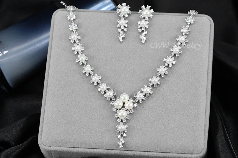 CWWZircons High Quality Round CZ Stones Setting Large Pearl Dorp Earrings And Necklace Jewelry Sets For Wedding T249|jewelry sets|quality jewelry