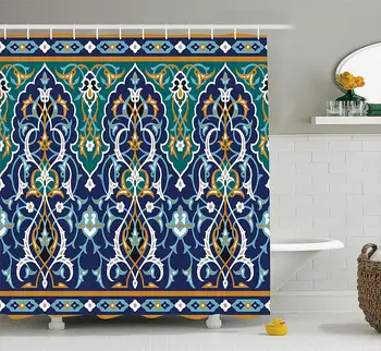 

Moroccan Shower Curtain Ethnic Oriental Style Figures and Petals Hippie Vintage Tribal Mosaic Design Bathroom Set