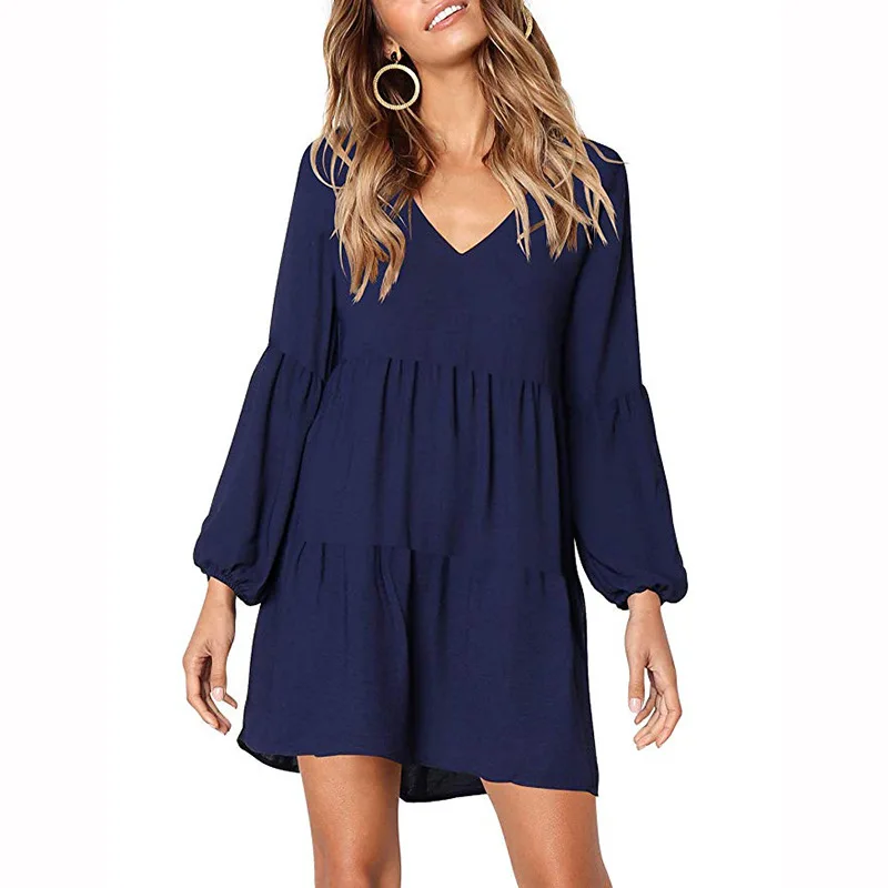 

Black Sexy Loose Solid Chiffon Dress Autumn 2019 Casual Women Dress Long Sleeve V-neck Patchwork Draped Plus Size Women Clothing