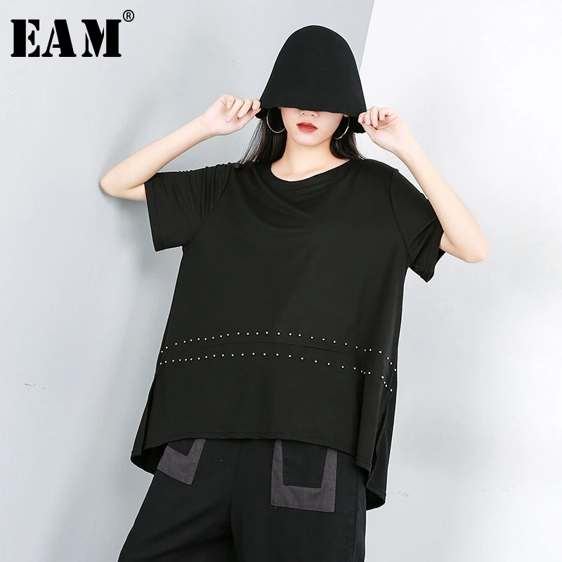 

[EAM] 2019 New Spring Summer Round Neck Short Sleeve Black Loose Rivet Split Joint Big Size T-shirt Women Fashion Tide JW907