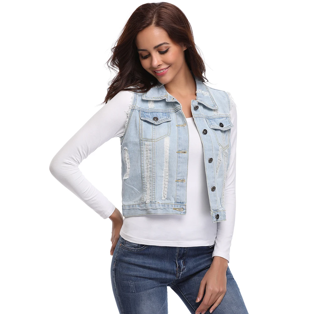 MISS MOLY Sleeveless Jeans Jacket for Women Washed Denim Vest Button Up w 2 Chest Flap Pockets