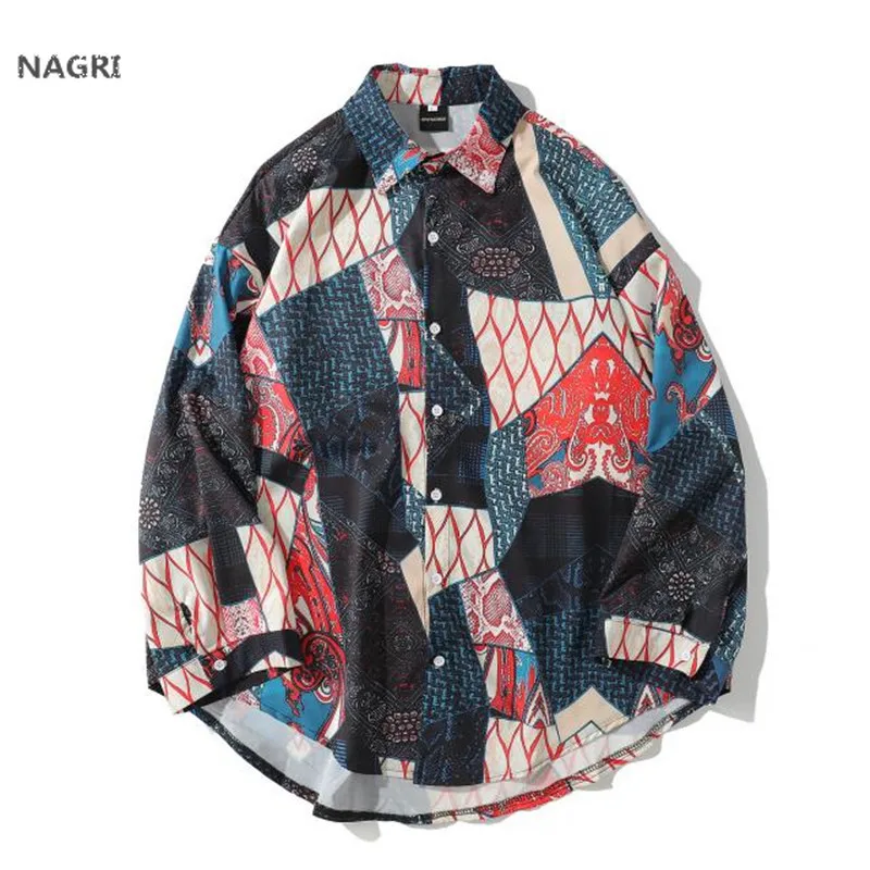 

Japanese Streetwear Ukiyo E Geometry Patchwork Long Sleeve Shirts 2019 Hiphop Casual 3D Printed Hawaiian Autumn Spring Shirt Men