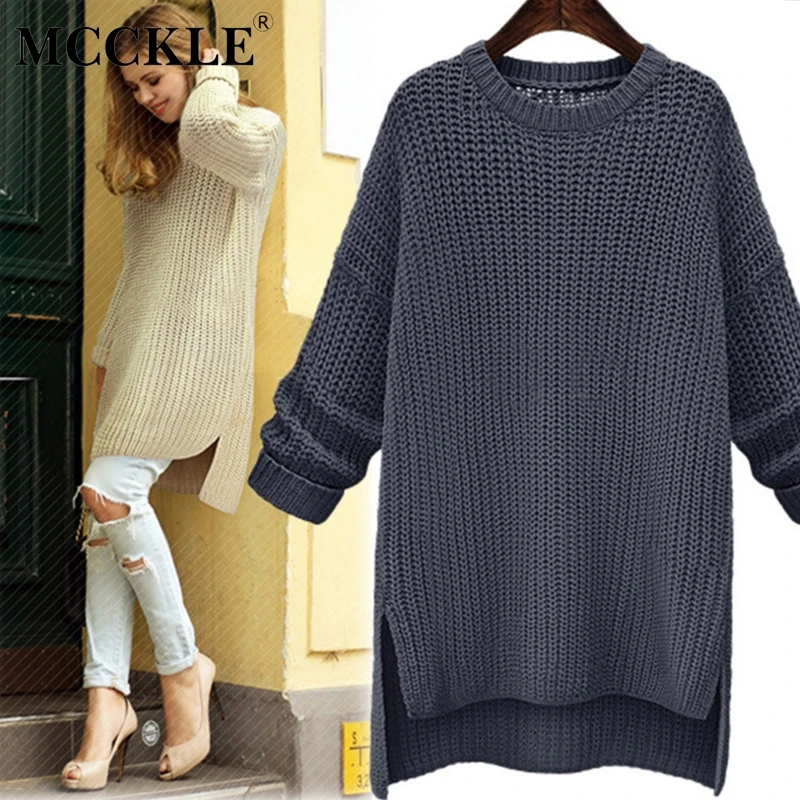 

MCCKLE Women Irregular Hem Knitted Long Sweater 2018 Autumn Winter Solid Warm O-Neck Pullovers Female Full Sleeve Sweaters