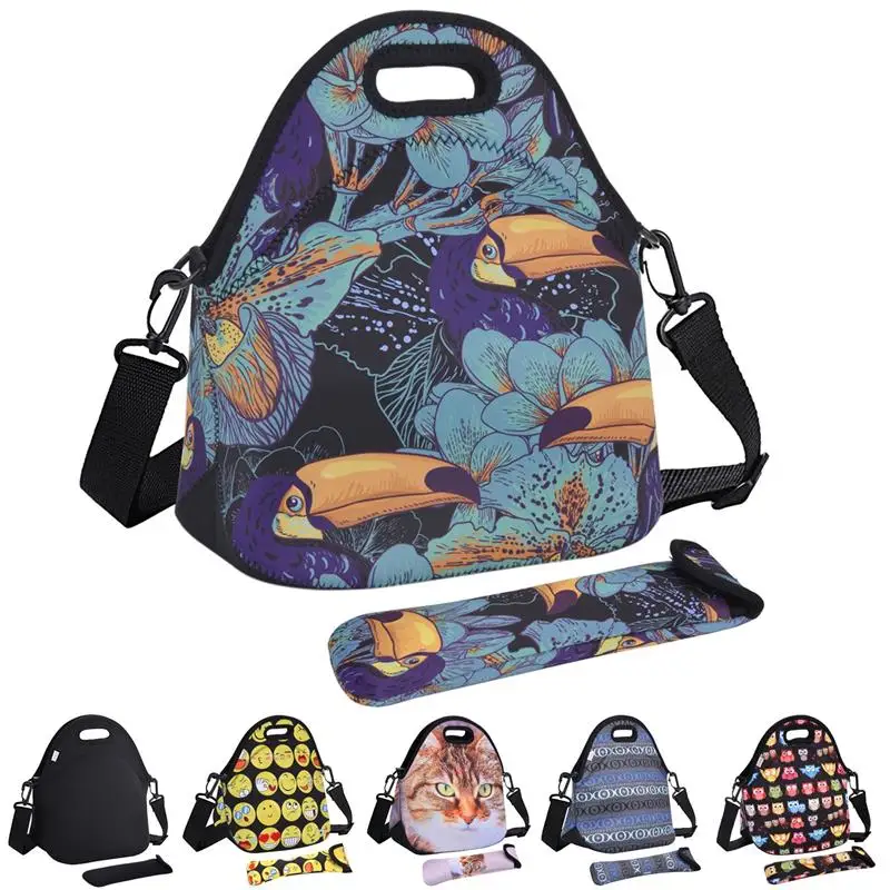 

Neoprene Women Lunch Bag Owl Cat Emoji Face Pattern Lunch Box Picnic Handbag with Tableware Pocket Children Snacks