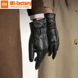 Новые перчатки из натуральной кожи Xiaomi из натуральной овчины черные перчатки с сенсорным экраном зимние теплые варежки на кнопках для