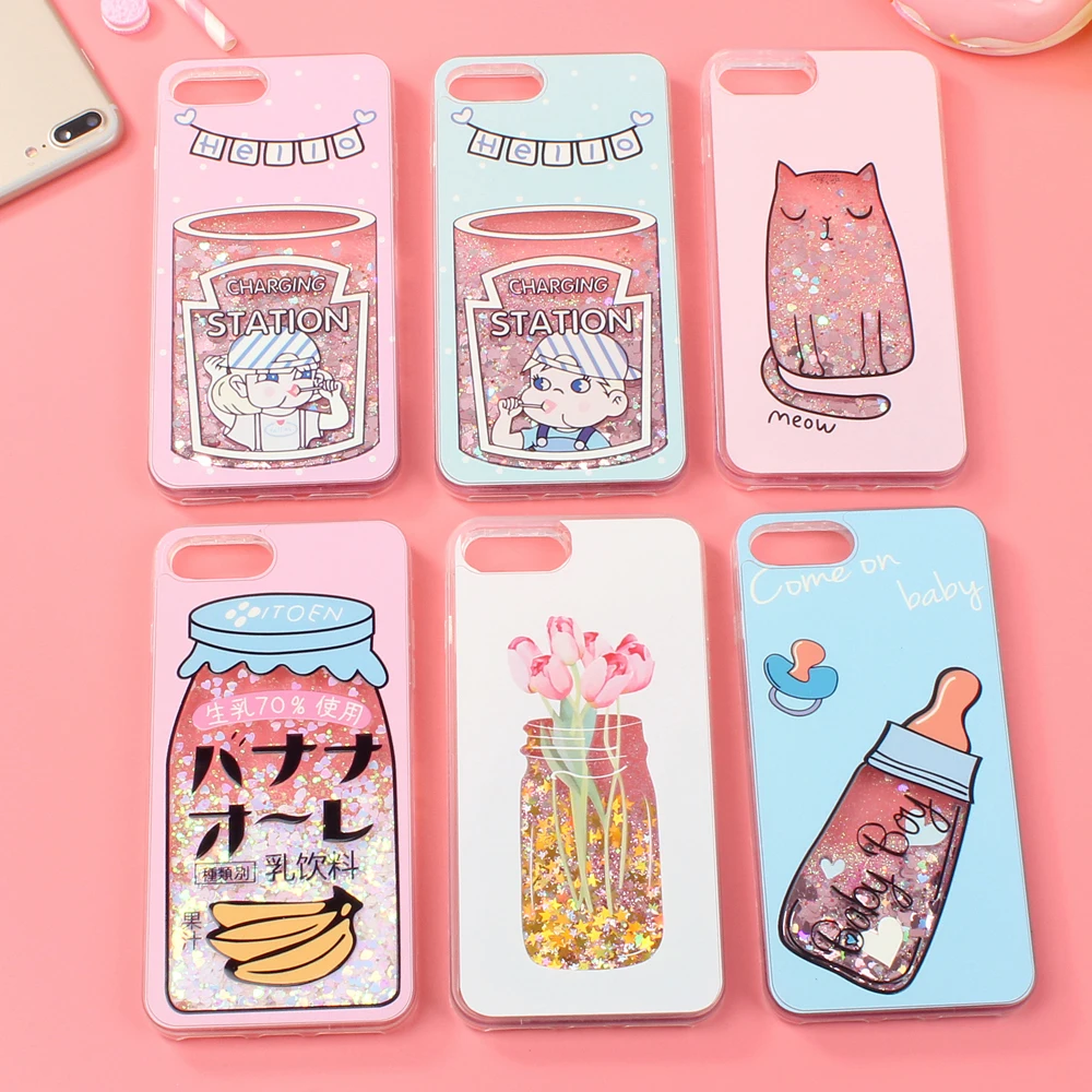 

Luxury Flowing Liquid Case for iPhone 8 7 7 Plus 6 6S Plus Chill Strawberry Milky Girl Boy Sparkle Glitter Stars Soft TPU Cover