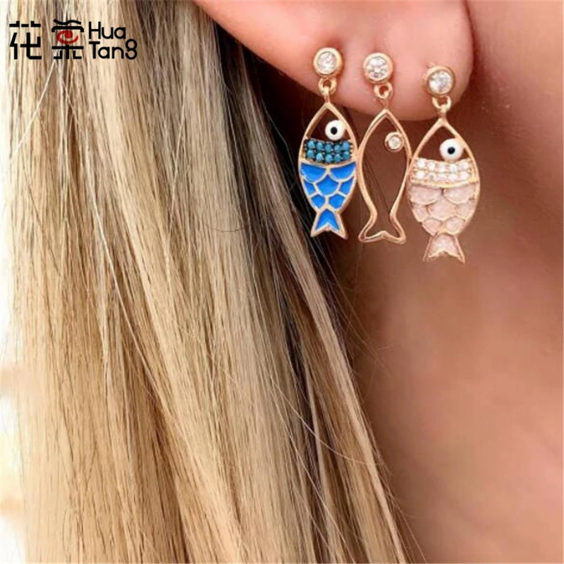 

HuaTang Lovely Colorful Fish Dangle Drop Earrings for Women Girl Hollow Fish Shape Pendant Earring 3pcs/set Orecchini C09207