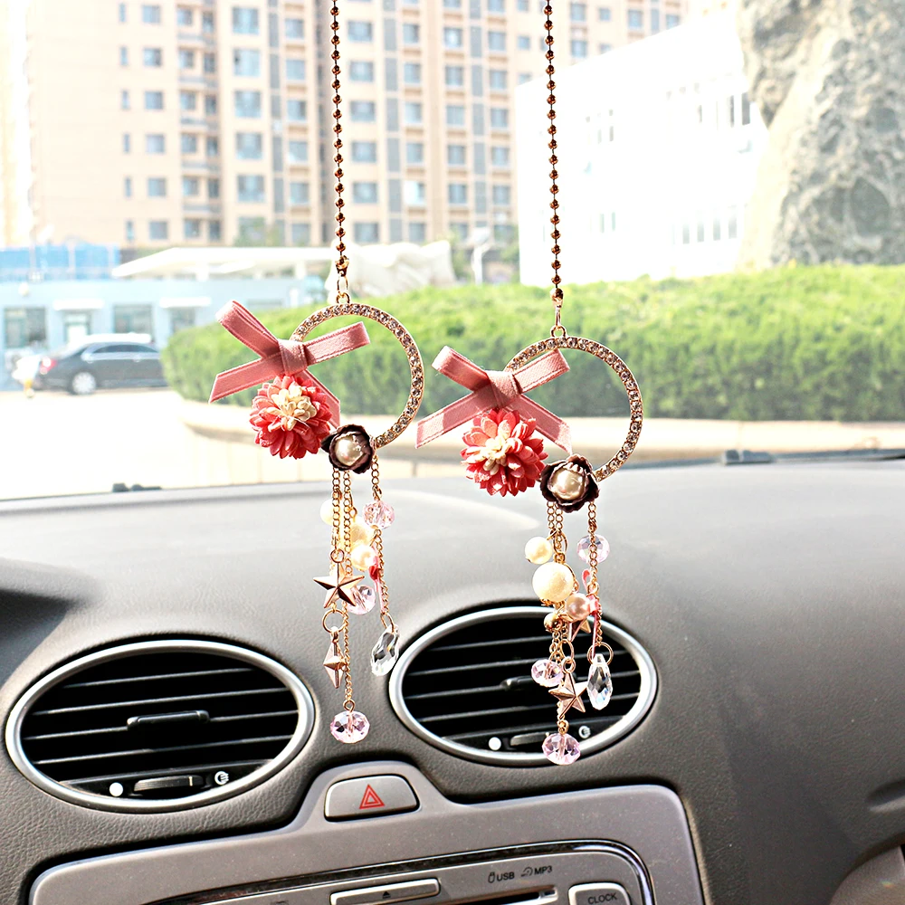 Автомобиль кулон бантом цветок украшения висит украшения Diamond талисманы автомобильной зеркало заднего вида подвеска отделка Авто подарки