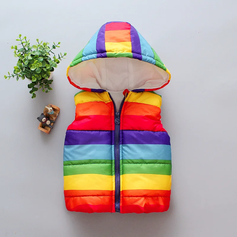

KISBINI 2019 Fashion Baby Boy Girl Children's Vest Coat Rainbow Cartoon Hooded Cotton Vests For Girls Kids Outwear Kid Clothing