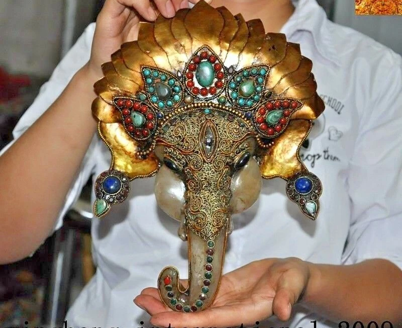 10&quotTibetan silver Filigree 24k gold Inlay gem Elephant Jambhala Shrines statue | Дом и сад