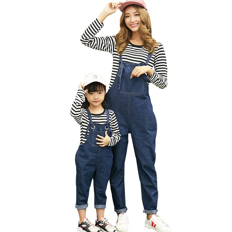 

Spring summer family matching outfits fashion mother and daughter clothes set long sleeve striped T shirt + denim overalls 2pcs