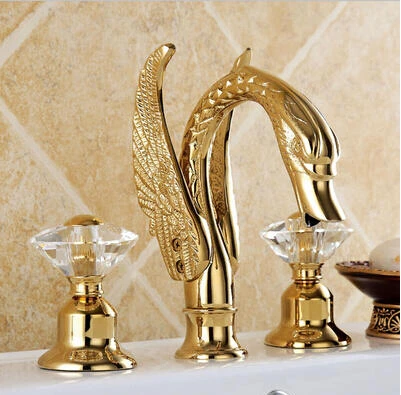 

High Quality gold color widespread lavatory sink faucet swan basin faucet Sink mixer wall mounted Dual Handles basin faucet