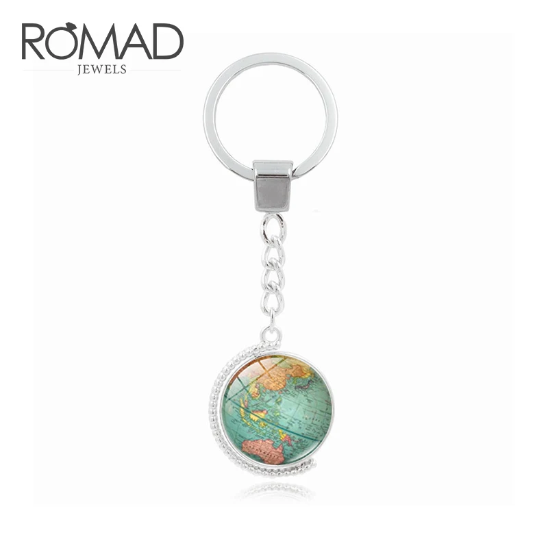 

ROMAD Double-sided Rotation World Map KeyChain Art Glass Map Pendant Key Chain Vintage Key Ring for Women Men Creative Gift R4