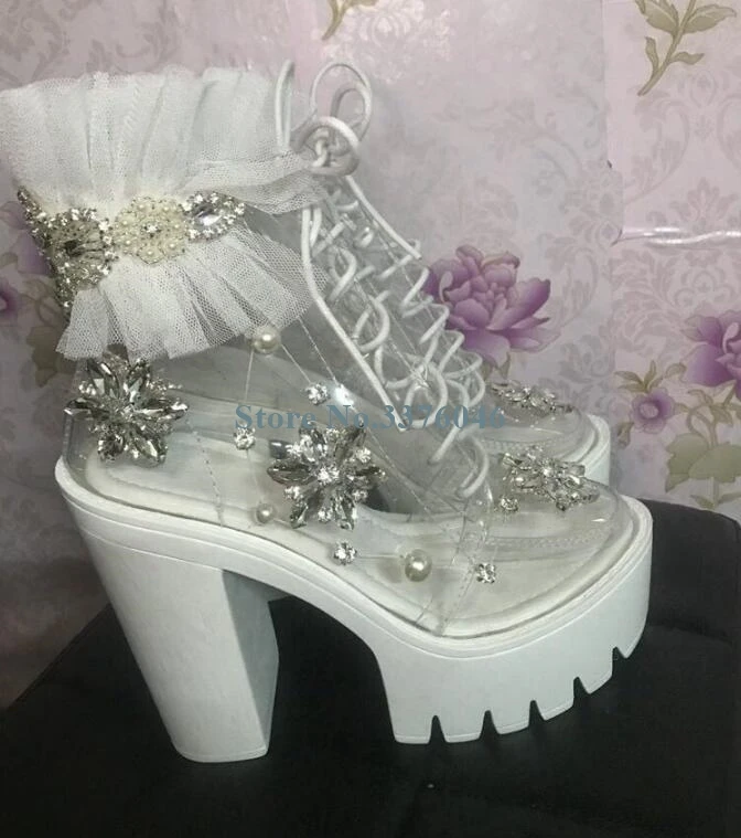 

Bling Bling Crystal Flower Chunky Heel Ankle Boots Round Toe Transparent PVC Lace Up Short Boots New Summer Sweet Ladies Shoes