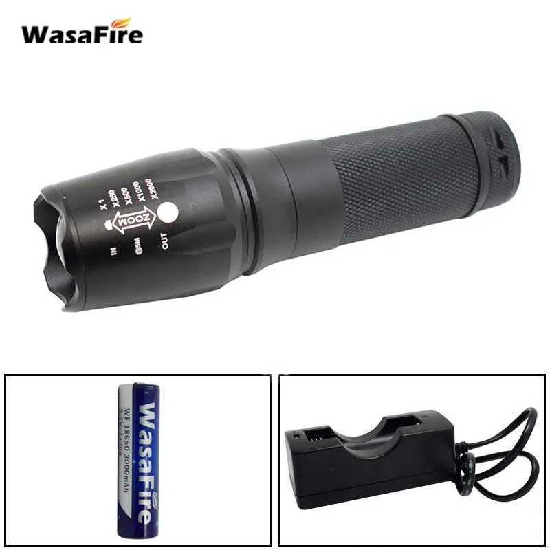 18650 Battery + Charger Portable Zoom Flash Light 1600 Lumen XML T6 Led Torch 5 Mode Self Defense Flashlight for Camping Hunting | Лампы и