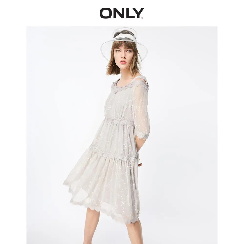 

ONLY Lace Splice Detachable Shoulder Straps Chiffon Dress | 119107635
