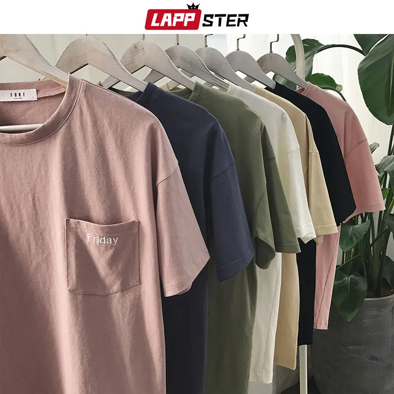 

LAPPSTER Men Embroidery Harajuku Funny T Shirts 2019 Mens Streetwear Letter Pocket T Shirt Men Women Cotton White Shirt Black