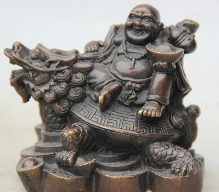 

Chinese Bronze Happy Laugh Maitreya Buddha Ride Dragon Tortoise Wealth Statue S0706 (B0328)