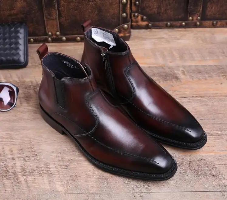 

Ankle boots dress shoes men elastic band genuine leather side zipper sewing high top casual shoes formal business roman boots