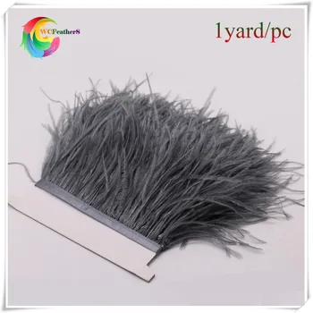 

1yard per lot real fluffy Ostrich Feather fringe trims dark gray Ostrich feather Trimming with satin ribbon tape