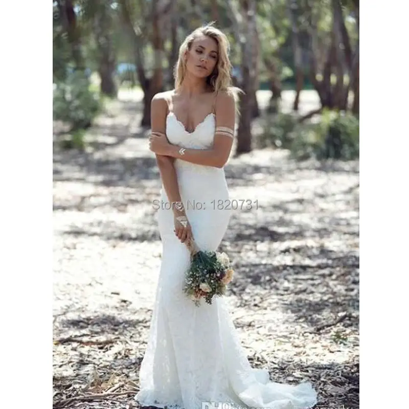 

Katie May 2020 Spring Summer Bohemian Wedding Dresses Sexy Mermaid Spaghetti Straps Floor Length Backless Lace Bridal Gowns
