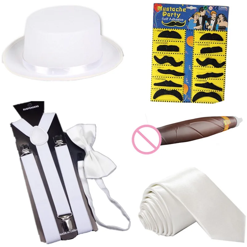 1920s Мужская шляпа-федора Манхэттена Y-Back подтяжки бантик Гангстер галстук игрушка сигарета Косплей вечерние аксессуары набор Гэтсби Волшебная Шляпа - Цвет: Белый