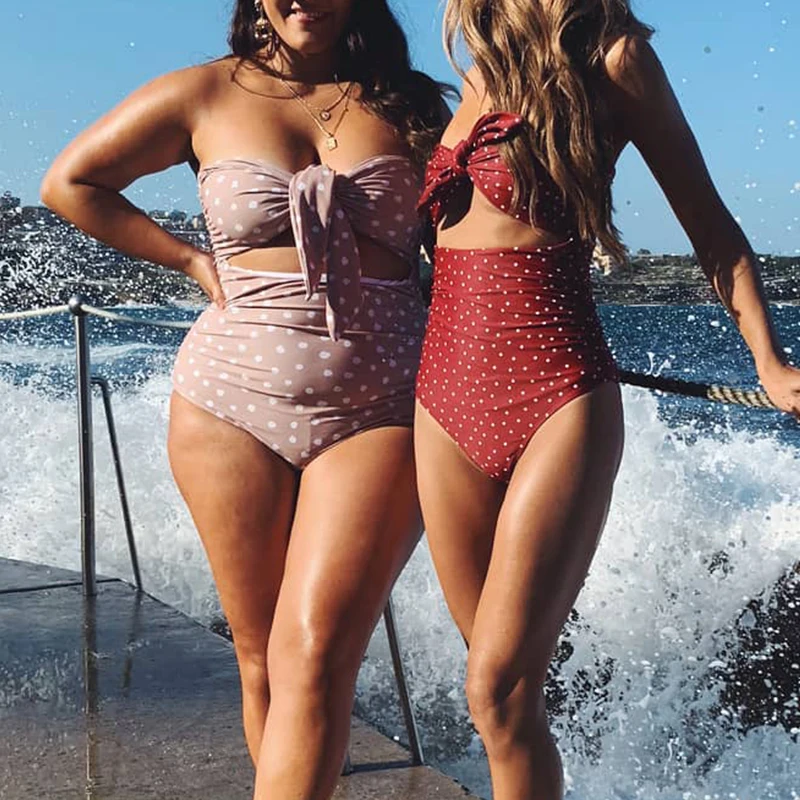 Bikinx большой размер купальник цельный боди в горошек бантик купальный костюм