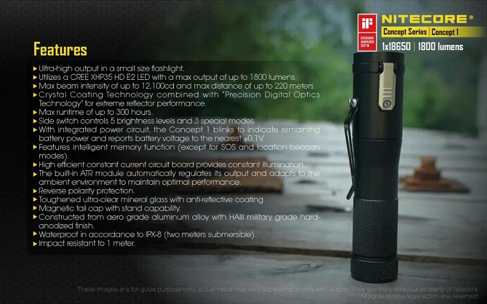 Светодиодный фонарик NITECORE C1 1800 люмен CREE XHP35 HD E2 + Перезаряжаемая батарея 18650