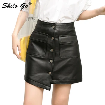 

Single Breasted Leather Skirts Women Summer High Waist Sheepskin Genuine Leather A Line Skirts Casual Black Female Mini Skirts
