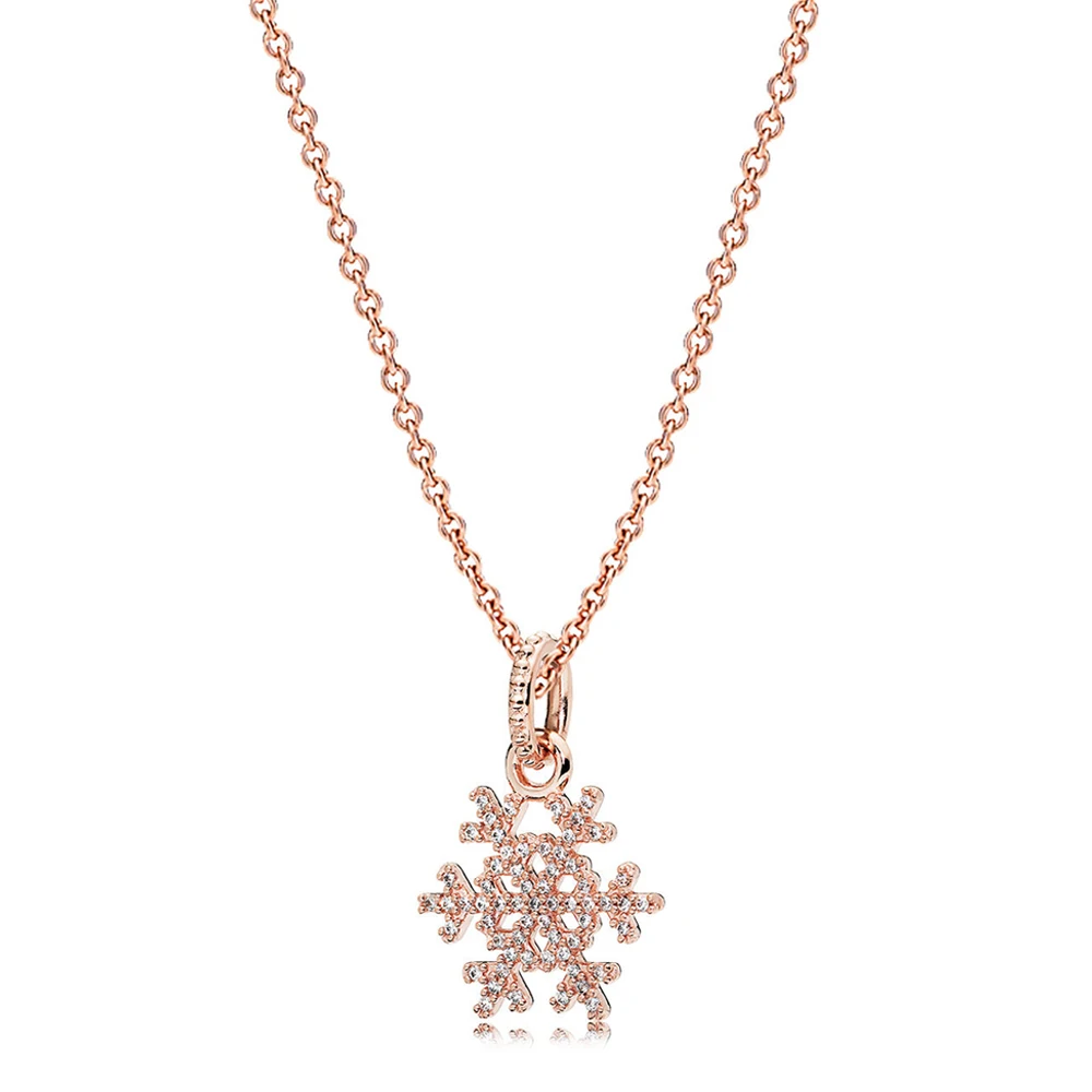 

100% 925 Sterling Silver 1:1 RAU0358 Rose Sparkling Snowflake Pendant Necklace Clavicular chain Gorgeous Women's Jewelry