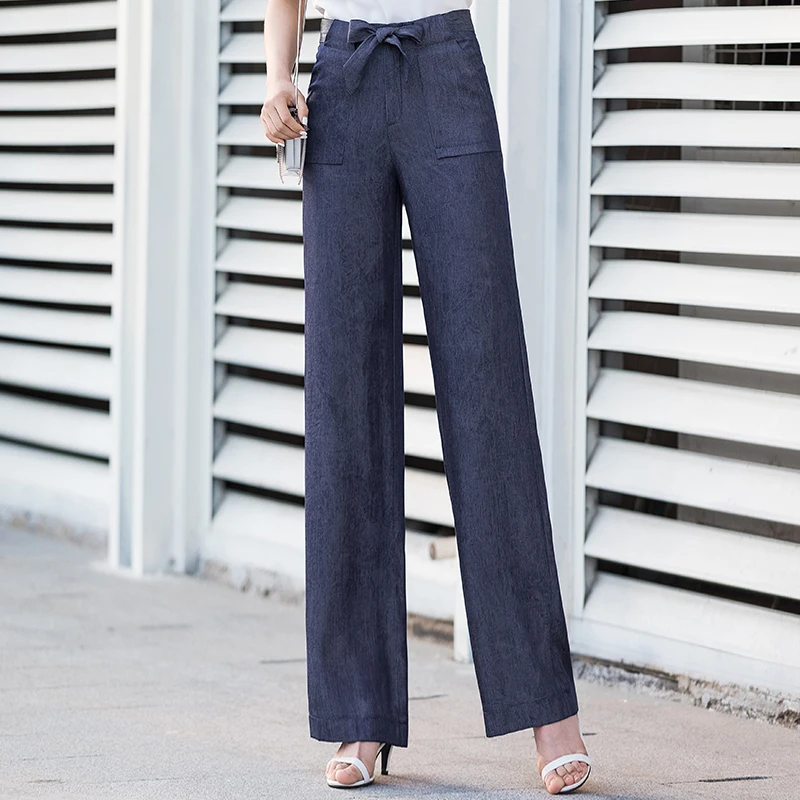 

blue tencel wide leg pants women 2019 summer sashes high waist streetwear full length trousers women harajuku new palazzo pants