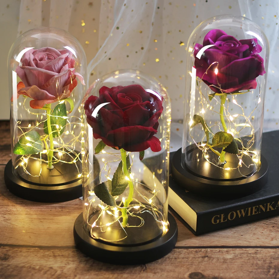 

LED Eternal Flower Immortal Flora Light Up Dome Beauty and The Beast Rose In A Flask Valentine's Day Birthday Christmas Day Gift
