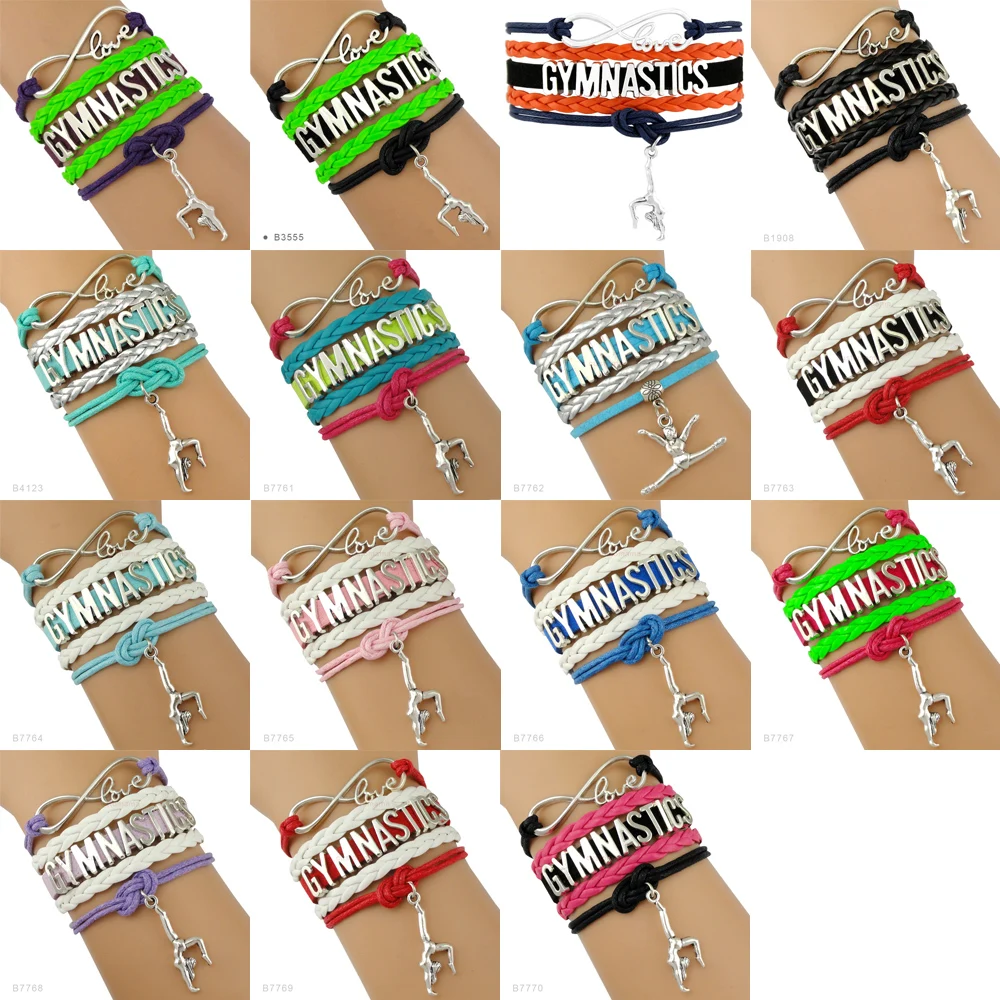 Gymnastics Love Infinity Charm Bracelets Sports Jewelry Pink Green Wax Cords Girl Boys Gift
