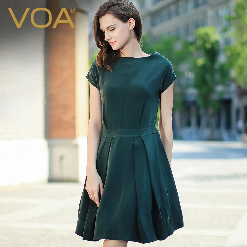 VOA 2020 Primavera Verano verde oscuro manga corta Casual elegante mujeres vestido de seda Oficina señora Midi Vestidos A0298|vestido a|dress vestidoswomen silk dress - AliExpress