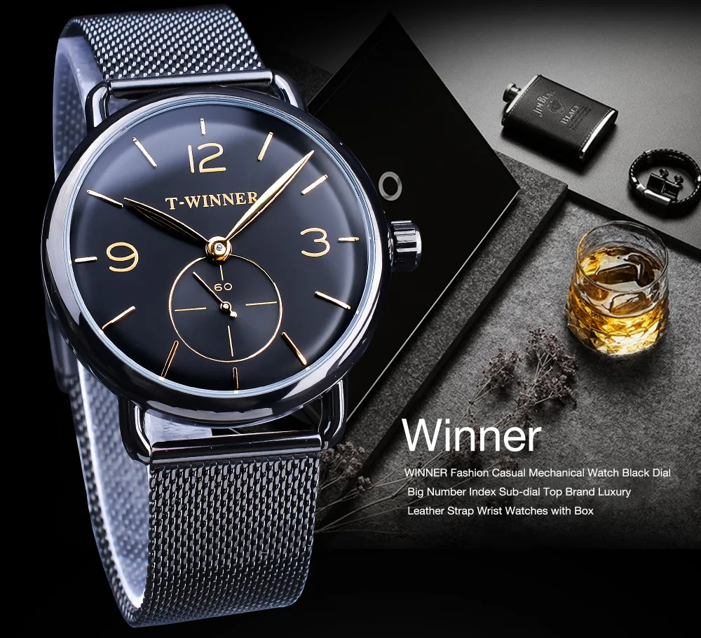 Winner 2019 модные Sub Dial Дизайн Классические черные золотые часы Мужские механические