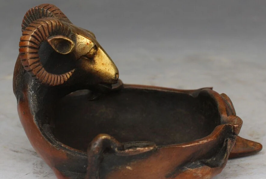 

5"Chinese Bronze Gilt Fengshui Zodiac Year Sheep Head Ashtray Tobacco jar Statue R0707 B0403