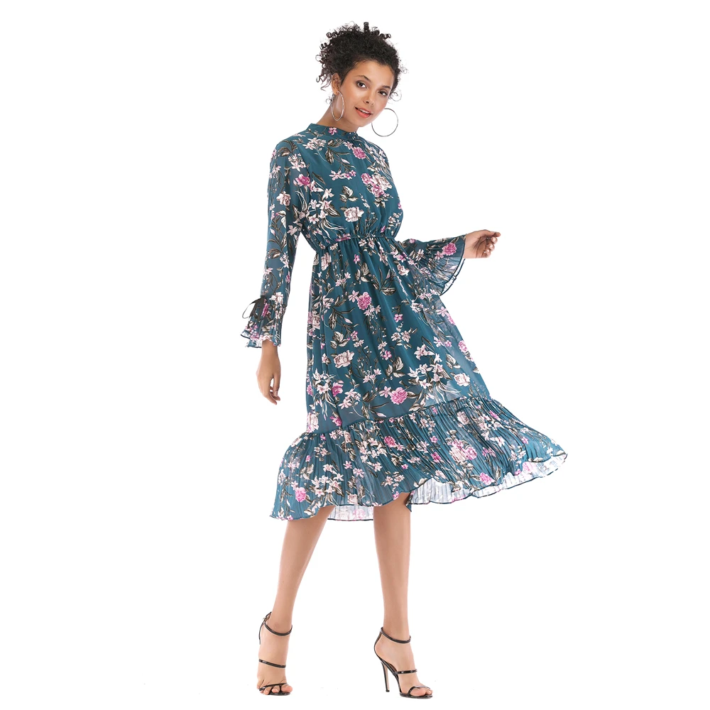

2019 Spring Bohemia Style Women's Round Neck Trumpet Sleeve Lace Up Chiffon Dress Ladies Floral Long Flare Sleeved Maxi Dresses