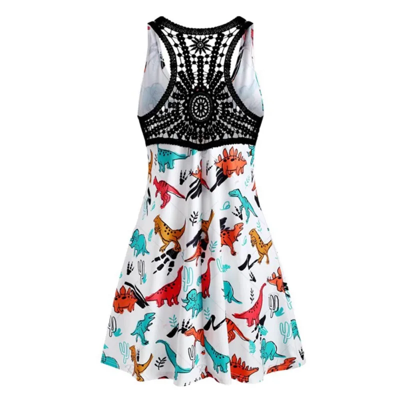 

Fashion Womens Sexy Sleeveless Backless Print O-Neck Mesh Lace Hollow Bohemian Fresh Wave Short Dress 2019