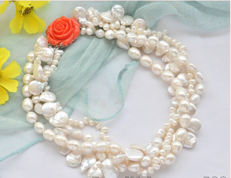 

hot sell Z7085 4Strds 14mm white coin & baroque & rice freshwater pearl necklace 18inch (A0322)