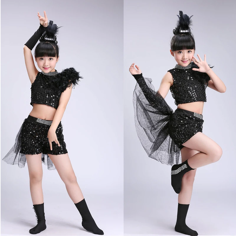 Современные костюмы для джазовых танцев с Черными Блестками для девочек, топы и штаны, танцевальный костюм для бальных танцев в стиле хип-хоп, детские костюмы сценическая одежда, одежда