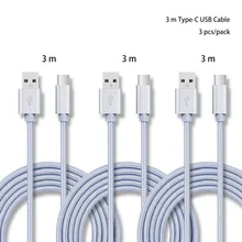 Серебристый 3 м 3 шт./упак. 5 V 2.4A USB C для передачи данных в нейлоновой Зарядное устройство кабель для samsung S10/LG G6/huawei mate 20/xiao Mi 8/OPPO R17/vivo NEX кабель